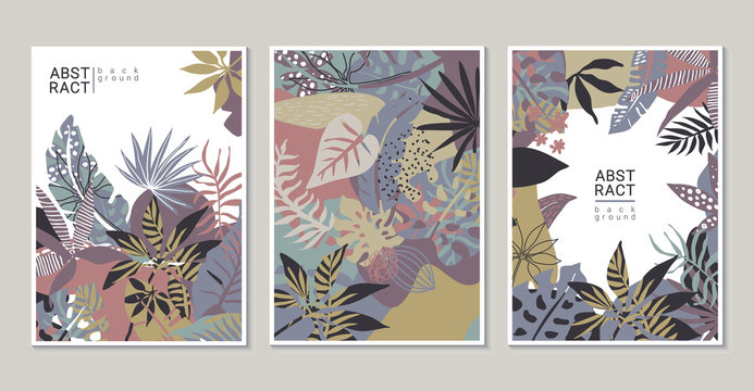 Vector collection of trendy creative cards with cut paper, floral exotic tropical elements, palm leaves
