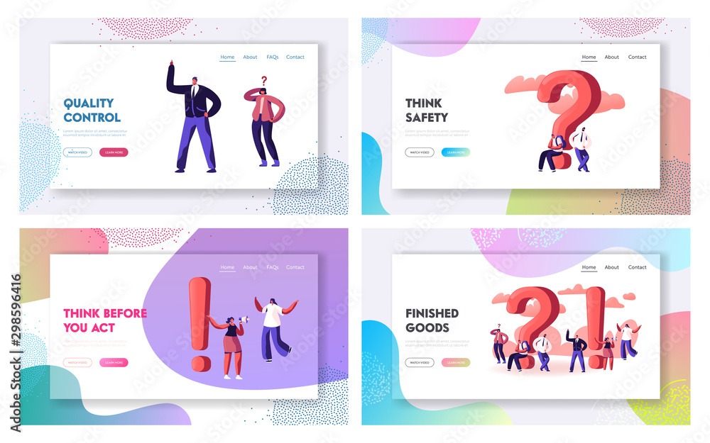 Poster question and exclamation marks website landing page set. people having doubts solving problems searc