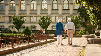 Come with me. Back view of elderly couple holding hands while walking together outdoors