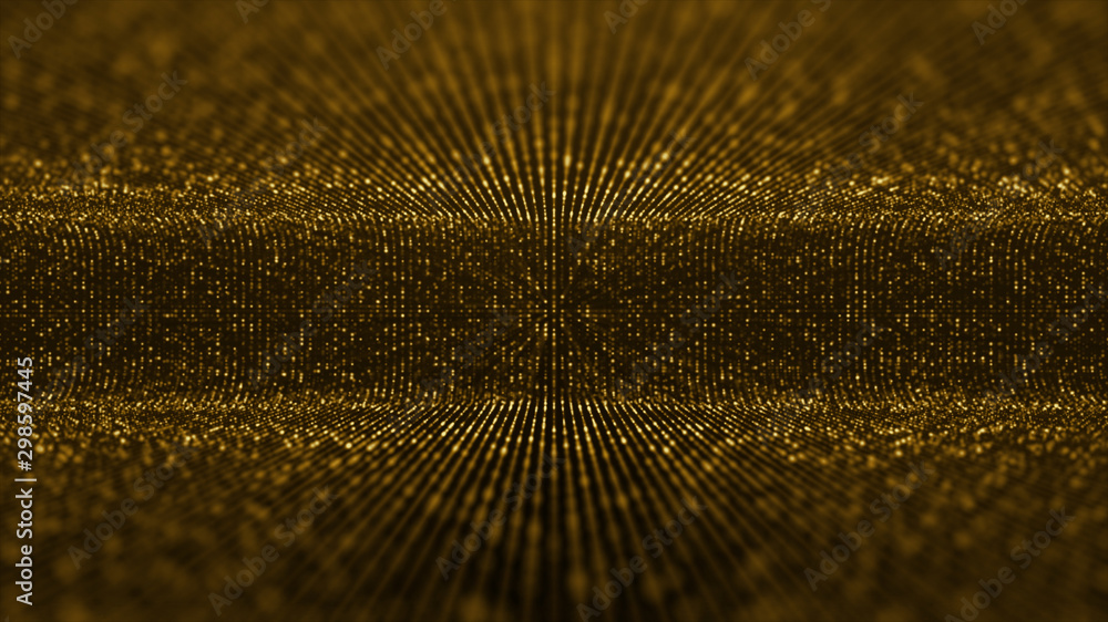 Poster Futuristic virtual stage golden particles and elegance lights abstract glittering pattern for stage performance show and video jockey loop background