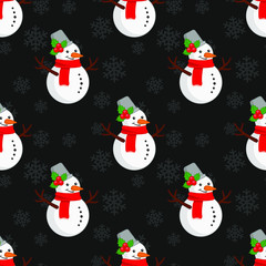 Vector seamless pattern with snowmen on black background. Winter design for greeting card, gift box, wallpaper, fabric, web design.