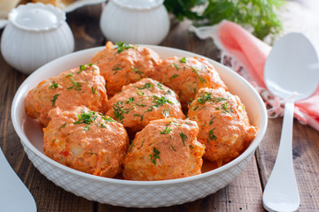 Meat balls with cabbage in a white plate,, lazy cabbage rolls, horizontal
