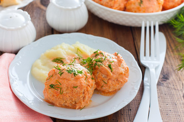 Meat balls with cabbage in a white plate,, lazy cabbage rolls, horizontal
