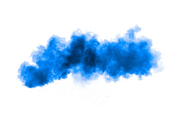 Bizarre forms of blue powder explode cloud on white background. Launched blue dust particles splashing.