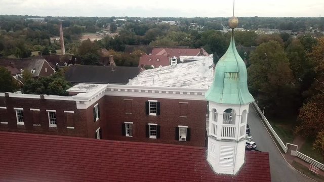 Aerial Steeple of Home Moravian Church in Old Salem in Winston Salem NC in Fall