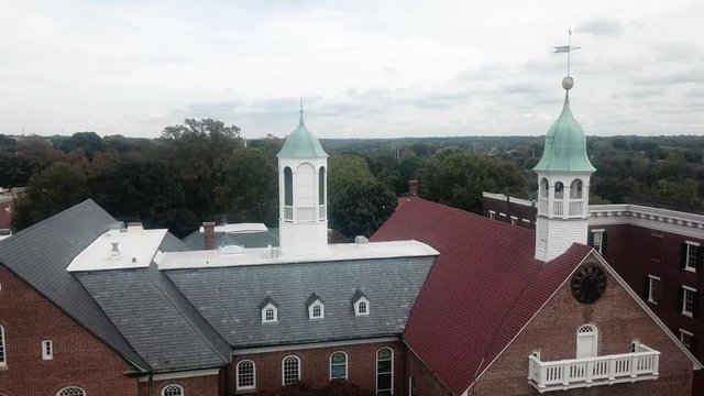 Aerial Pullout Home Moravian Church in Old Salem in Winston Salem NC in Fall