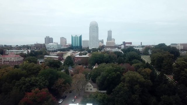 Aerial Winston Salem Skyline in Fall in 4k