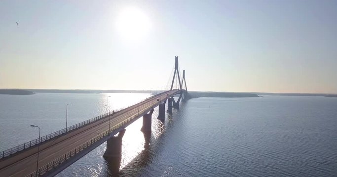 Aerial shot of cars driving over massive bridge construction in Vaasa, Finland, Northern Europe