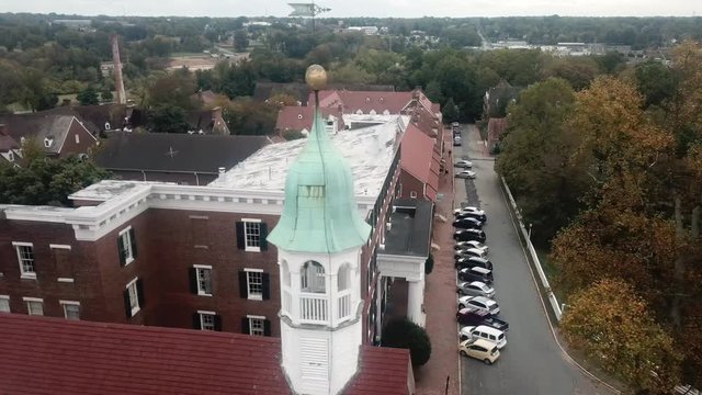 Aerial Steeple, Home Moravian Church in Winston Salem NC in Fall in 4k