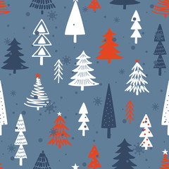 Obraz premium Seamless pattern with fir trees, snow. Colorful background vector. Design illustration. A lot of fir-trees. Decorative wallpaper, good for printing. Happy New Year. Winter time