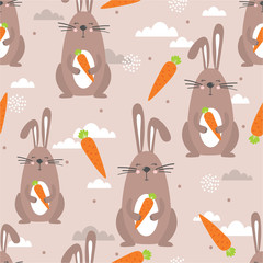 Rabbits with carrots, hand drawn backdrop. Colorful seamless pattern with animals, food. Decorative cute wallpaper, good for printing. Overlapping colored background vector