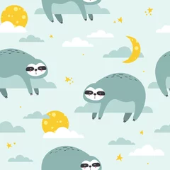 Wallpaper murals Sloths Sloths, stars, moon and clouds hand drawn backdrop. Colorful seamless pattern with animals. Decorative cute wallpaper, good for printing. Overlapping background vector. Design illustration