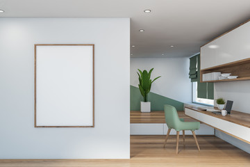 White and green home office interior with poster