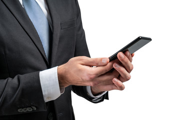 Close up of businessman using smartphone, isolated