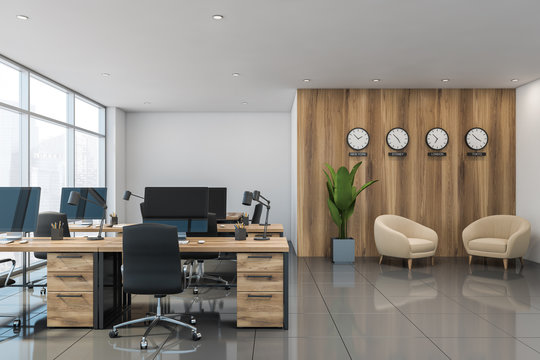 White and wood office with lounge area