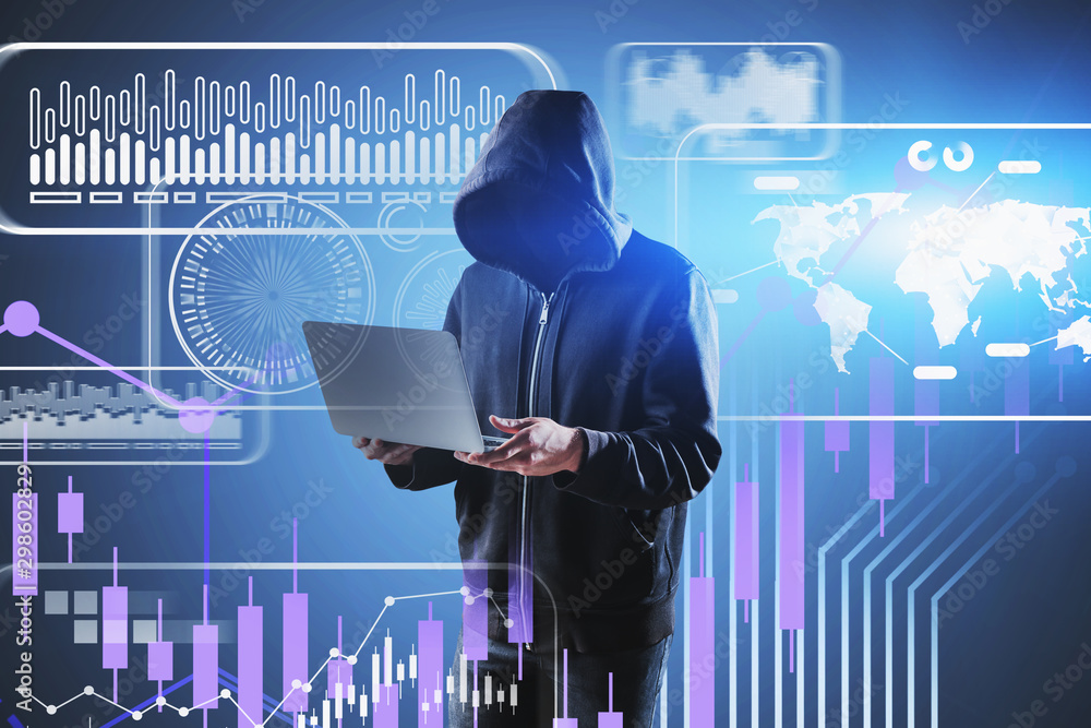 Poster hacker with laptop, immersive interface