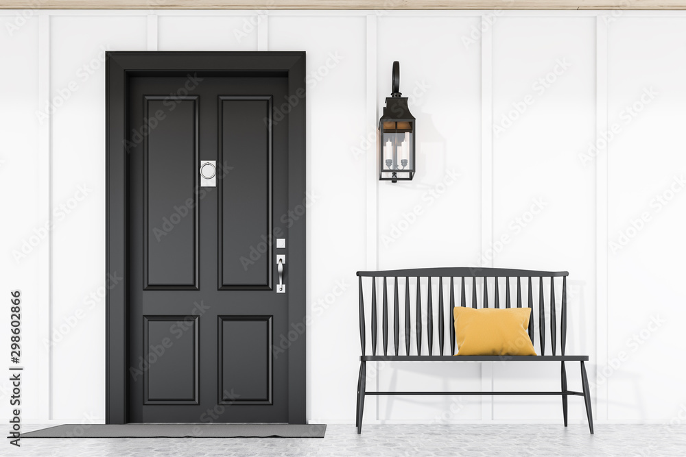 Wall mural Black front door of white house with bench