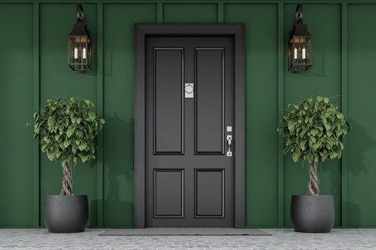 Black Front Door Of Green House With Trees