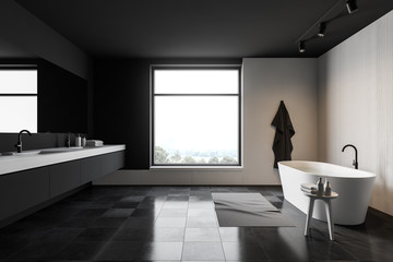 Side view of gray and white bathroom