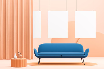Peach living room, blue sofa and poster gallery
