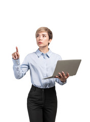 Woman with laptop using virtual screen, isolated