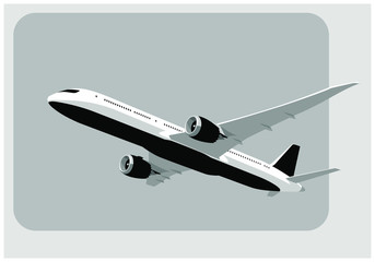 Boeing 787 Dreamliner. Flying airplane, takeoff airliner, commercial jet aircraft, airliner. Vector illustration. Vector template.