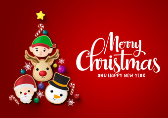Christmas tree vector background design. Merry chistmas and happy ne year greeting typography text with reindeer, snowman, santa claus, elf, candy cane balls and snowflakes element in christmas tree.