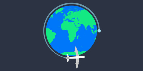 World Earth tavel plane vector illustration. Globe map flight journey tourism. Around tour adventure international cruise worldwide