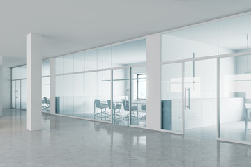 White and glass office hall with meeting room