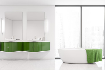 Fototapeta na wymiar White and green panoramic bathroom interior