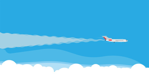 Naklejka na ściany i meble Plane fly in cloud sky illustration banner concept. Travel tourism jet direction holiday flat. Cartoon commercial passenger vehicle