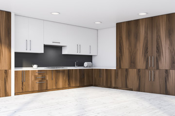 Gray and dark wooden kitchen interior