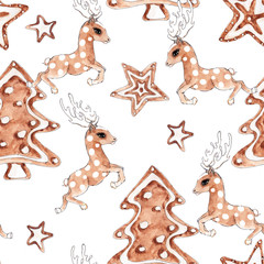 Christmas Gingerbread cookies  watercolor  hand drawn artistic vintage seamless pattern