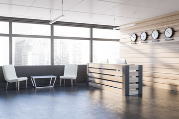 Gray and wooden office waiting room and reception