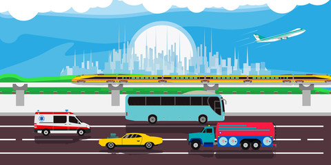 Cityscape traffic urban illustration vector background. Modern street car downtown skyline landscape cartoon. Flat scene panorama banner. Art metropolis highway
