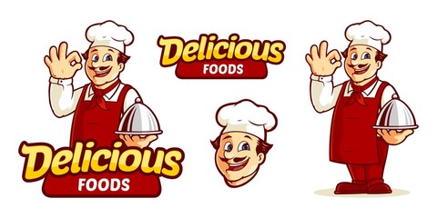 Fototapeta premium Delicious foods, with master chef character cartoon vector