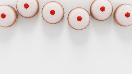 Jewish traditional dessert for Hanukkah Holiday, donut 'sufganiyah', sugar powder, red jelly topping. Sweet tasty donuts with jam on white background with space for text, top view. Hanukkah festival.