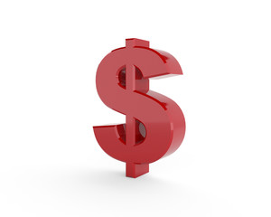 3D generated dollar sign with red color isolated on white background.