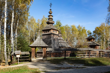 Ancient village wooden church in Museum of Folk Architecture and Rural Life in Lviv (Shevchenkivsky Gai )