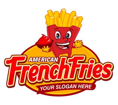 American french fries logo template, with funny character cartoon vector