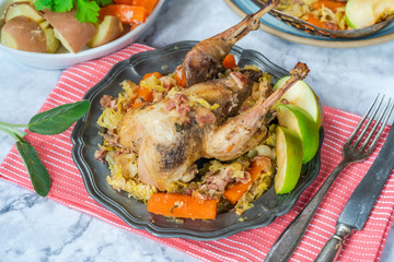 Pot-roast pheasant in cider with bacon and vegetables