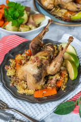 Pot-roast pheasant in cider with bacon and vegetables