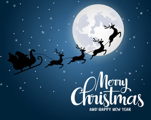 Christmas santa claus riding reindeer vector background design. Merry christmas and happy new year greeting typography with santa claus flying in sleigh with reindeer in a moon light with snow.