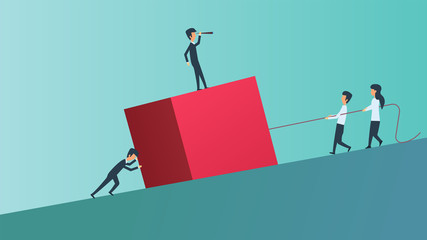 Business teamwork person vector illustration concept. Success team ambition man and woman uphill cube. Office group partnership company. Leader businessman work cooperation together. Union job human
