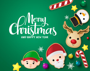 Christmas elements in green background vector banner template. Merry christmas greeting card with santa claus, reindeer, candy cane, snowman, stars, balls and snowflakes xmas elements in green.