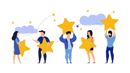 Customer review five star choice vector illustration satisfaction man and woman. Concept business success feedback good quality service. Best rate background experience vote client banner. Award like