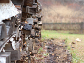 Firewood for stove heating. Stack of logs. Warehouse for firewood for the stove