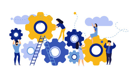 Man and woman business organization with circle gear vector concept illustration mechanism teamwork. Skill job cooperation coworker person. Group company process development structure workforce banner