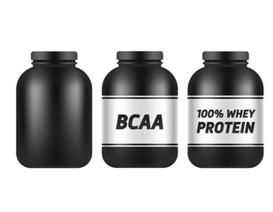 Black plastic jar template isolated on white background. BCAA and protein packing mock up. Sports nutrition and supplements vector set. 
