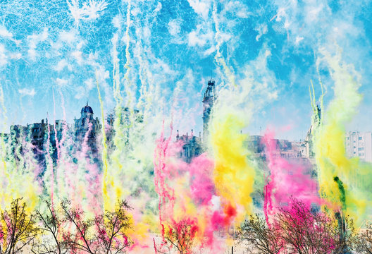 Las Fallas of Valencia,Spain.colored pyrotechnic elements show